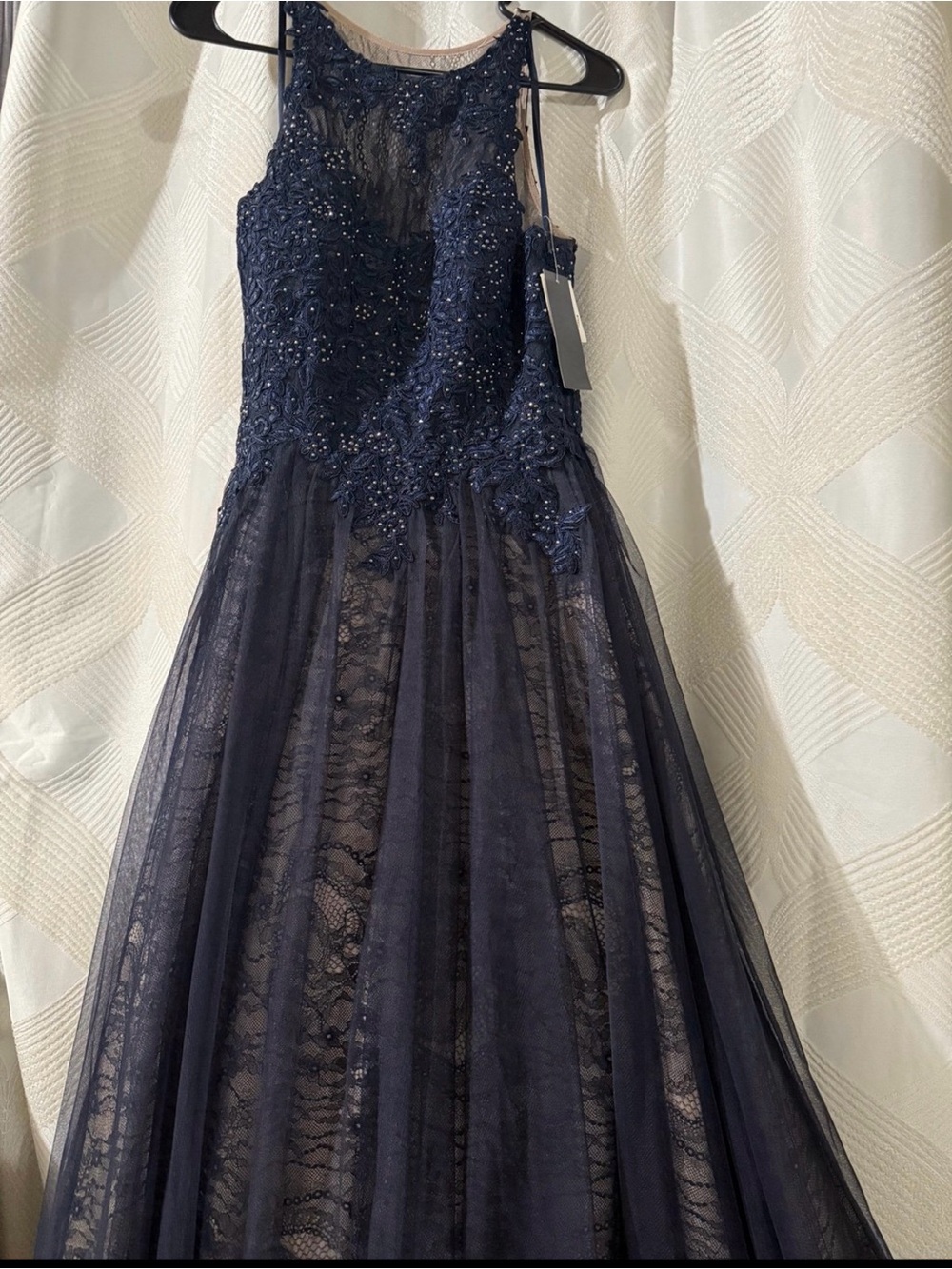 Xscape Navy Laced Tulle Formal Dress